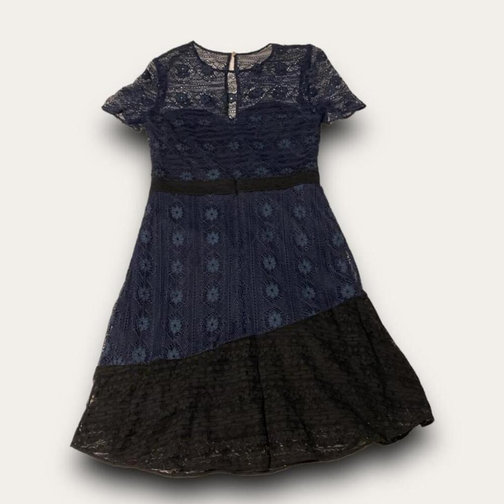Floral Overlay Mini Dress Lace Crochet Kensie Size 4 Navy Black Summer Chic - Picture 6 of 6